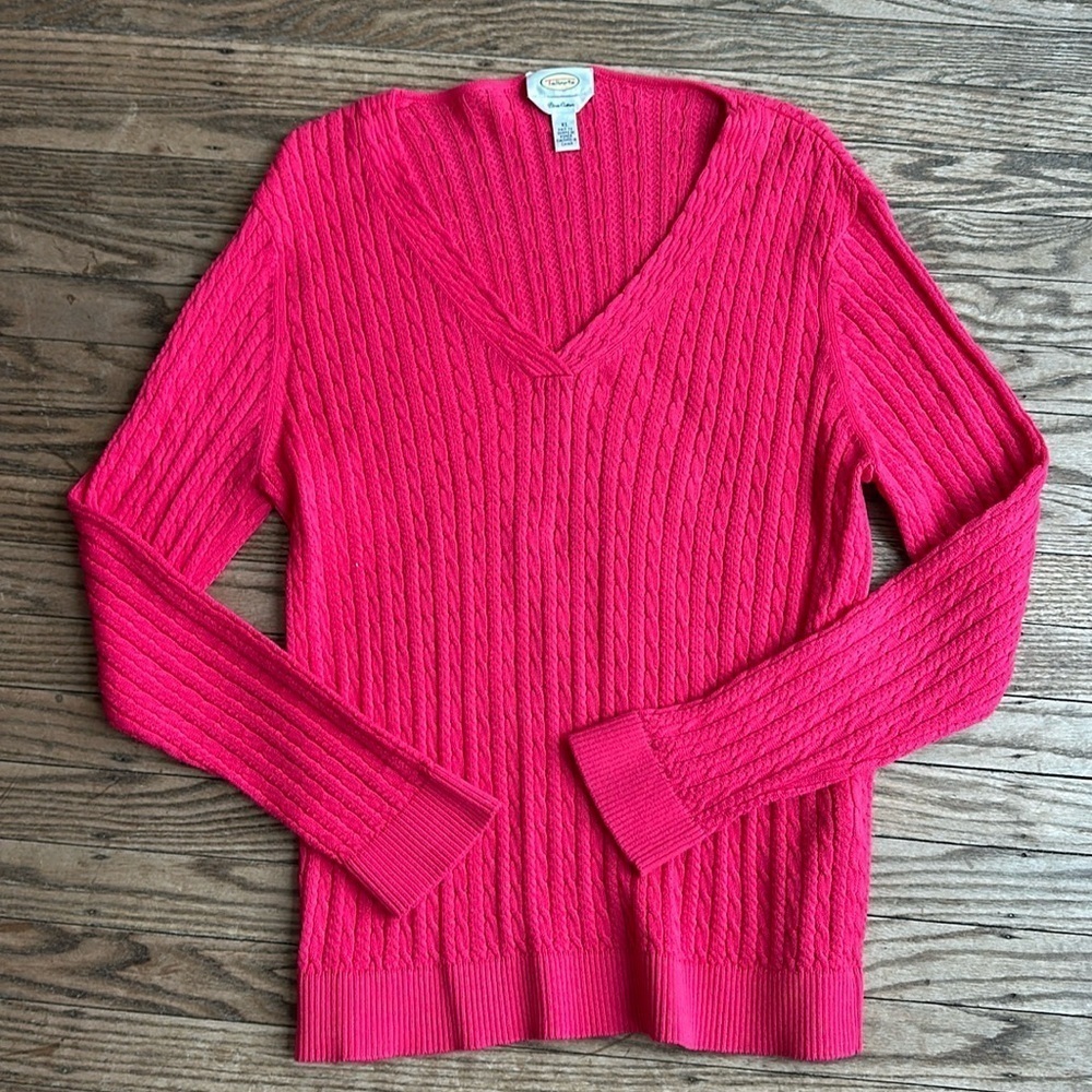 Talbots Curvy Plus Size XL Pink Cotton V neck Cable knit Sweater EUC